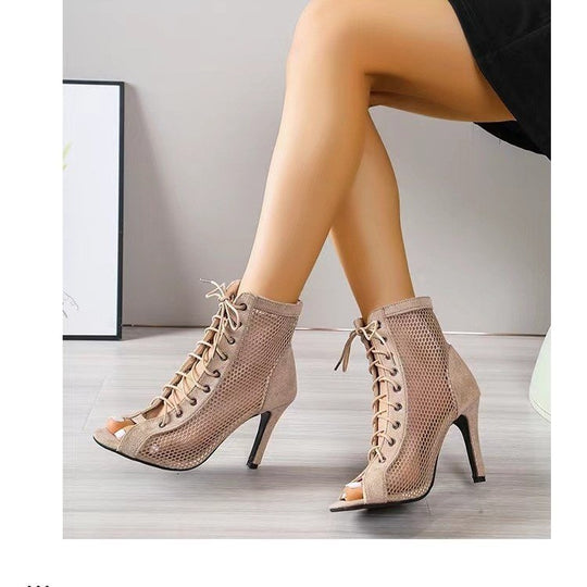 Damen Schnür-Booties mit offener Zehenpartie, Mesh-Einsätzen und Denim-Optik Shop Nory