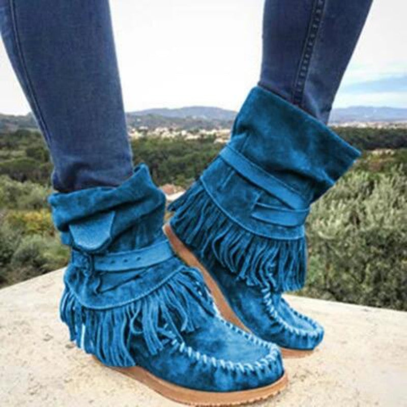 Damen Mokassin-Stiefel mit fransigen Details und modischer Schnalle