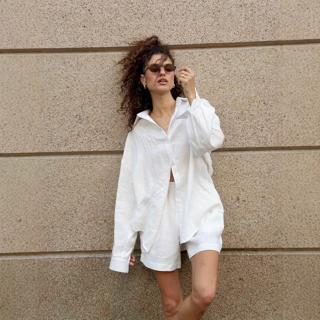 Damen lässige Leinenbluse und Shorts Set