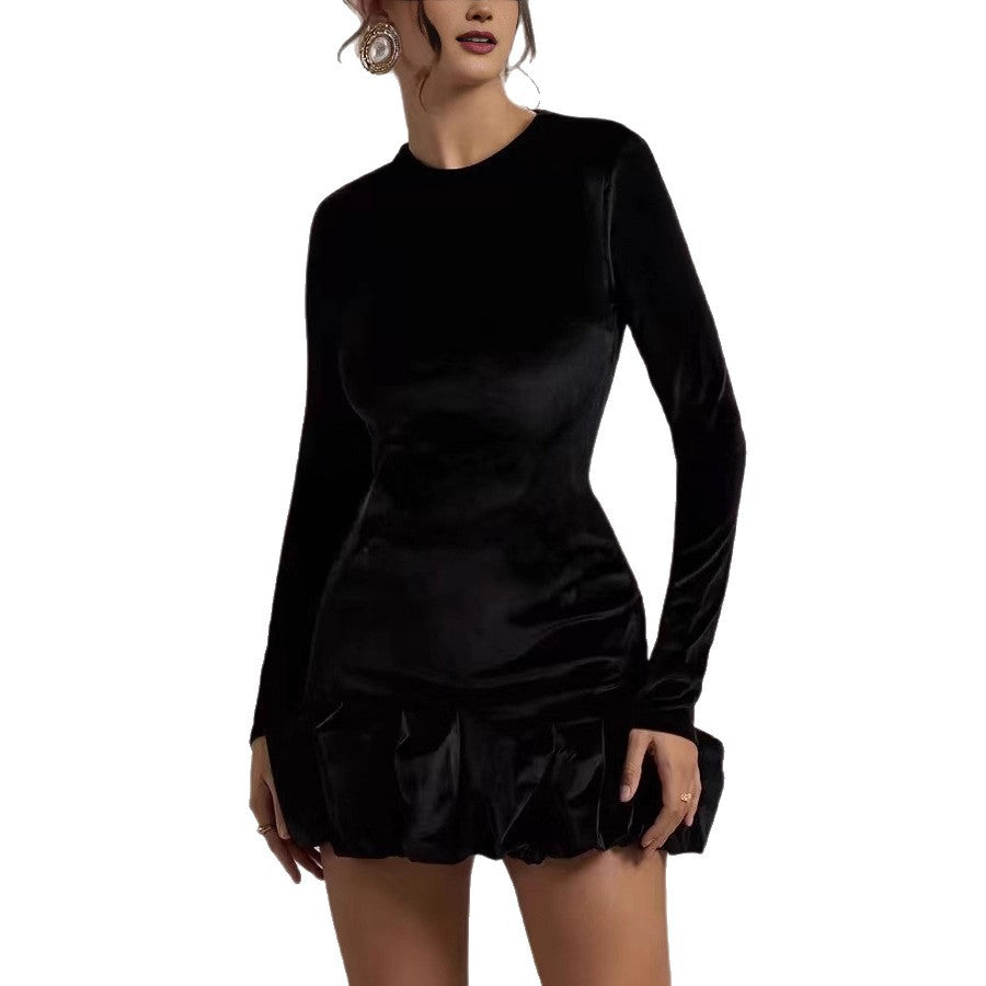 Damen Figurbetontes Cocktail-Minikleid aus Samt mit Volantkante und Langarm Shop Nory