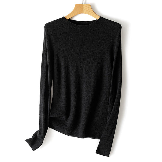 Damen Leichter strukturierter Langarm-Strickpullover mit Rundhals und feiner Crinkle-Optik Shop Nory