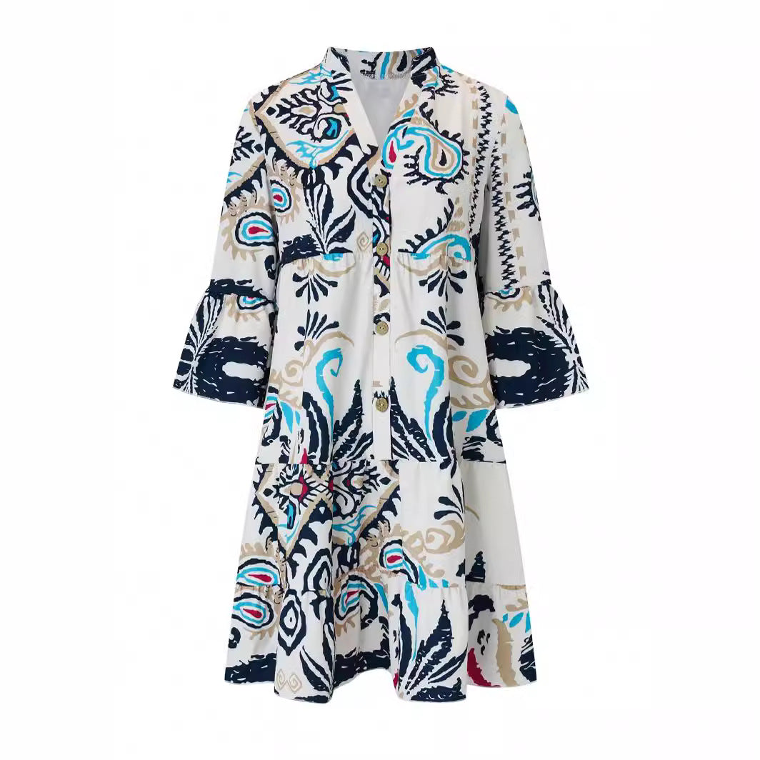 Damen Lässiges Stufenkleid mit Tellerrock und Trompetenärmeln Shop Nory