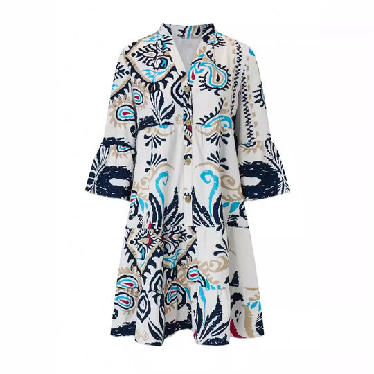 Damen Lässiges Stufenkleid mit Tellerrock und Trompetenärmeln Shop Nory