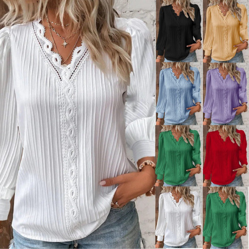 Damen Plissierte V‑Ausschnitt Bluse mit Spitzenbesatz und Ballonärmeln Shop Nory