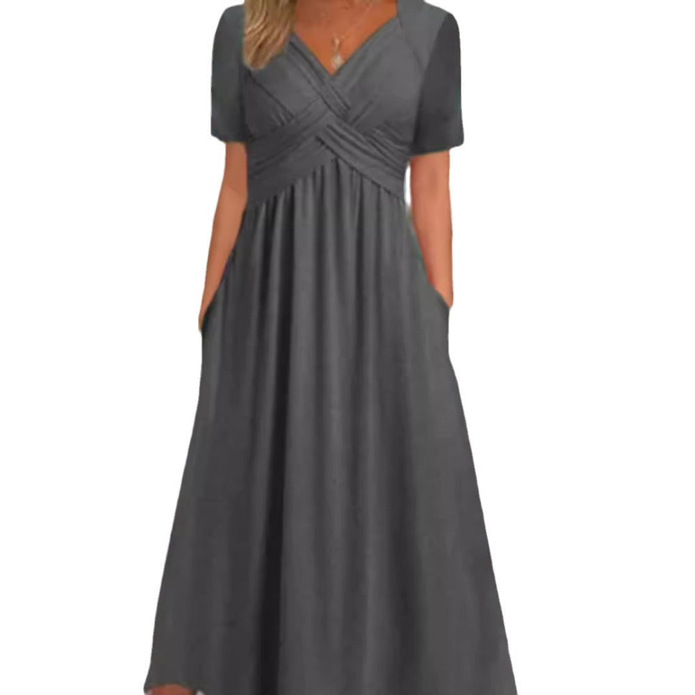 Damen nan luftiges V-Ausschnitt Midikleid mit überkreuzter Brustpartie, kurzen Ärmeln und Eingrifftaschen