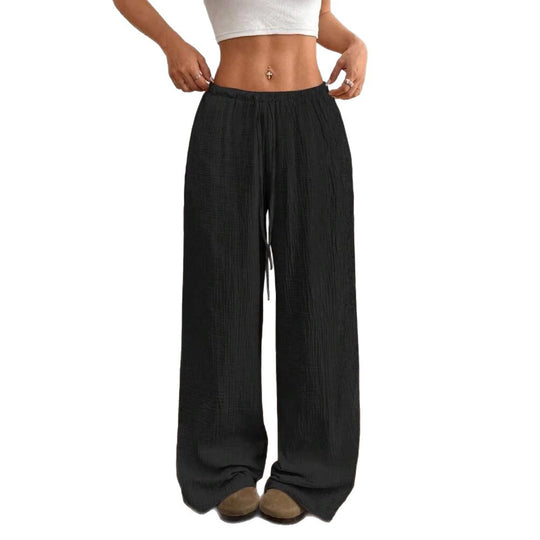 Damen weite Leinenoptik-Loungehose mit hohem Gummibund, Kordelzug & Crinkle-Struktur Shop Nory
