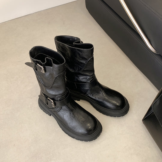 Damen Halbhohe Bikerstiefel aus Glattlederoptik mit verstellbaren Metallschnallen und profiliertem Lug‑Plateau Shop Nory