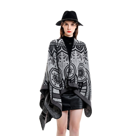 Damen Wollmix-Umhangponcho mit ornamentaler Jacquardstruktur und offenem Fall Shop Nory