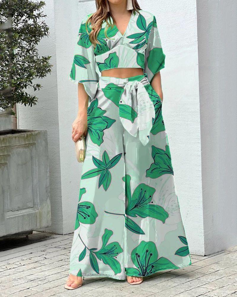 Damen Zwei-Teiler Sommer Set mit Wickel-Crop-Top und Hochtaillierten Palazzo-Hosen EB
