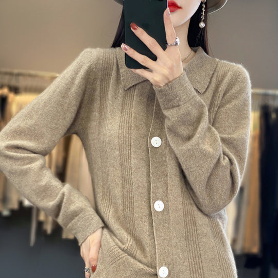 Damen Knopfcardigan mit Hemdkragen und feiner Längsrippenstruktur Shop Nory