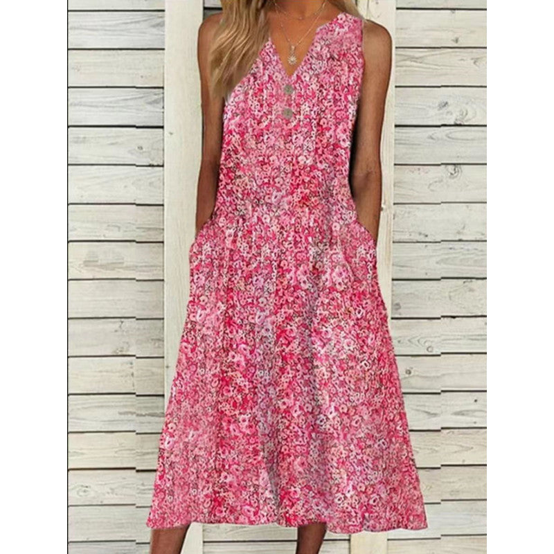 Damen Midi-Kleid mit tiefem V-Ausschnitt, Knopfdetails und praktischen Taschen