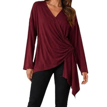 Damen Wickelshirt mit seitlicher Knotenpartie, V‑Ausschnitt und asymmetrischem Saum Shop Nory