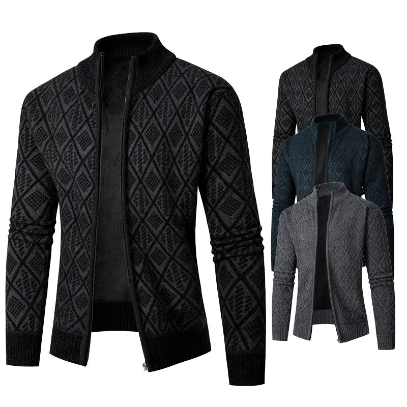 Herren Strickzipjacke mit Diamantjacquard, Stehkragen und Zweiwege-Reißverschluss Shop Nory