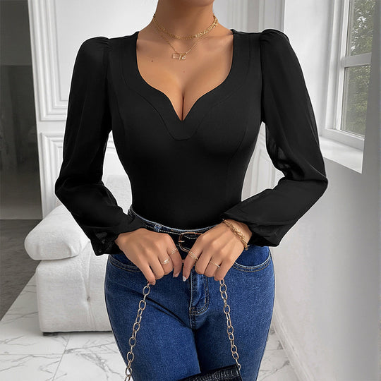 Damen Eleganter Bodys mit V-Ausschnitt und Puffärmeln Shop Nory