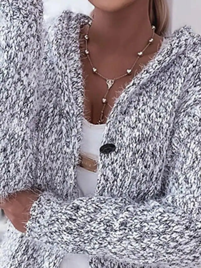 Damen Langer Mélange-Kuschelcardigan mit Kapuze, Hornknopf und Eingrifftaschen Shop Nory