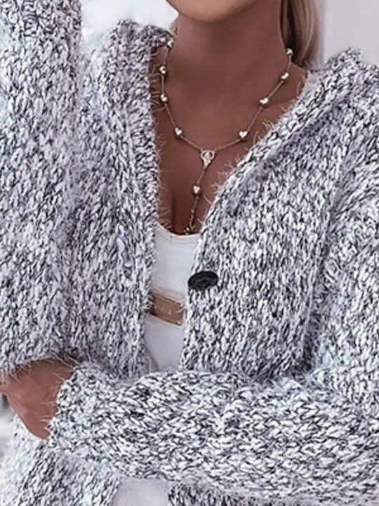 Damen Langer Mélange-Kuschelcardigan mit Kapuze, Hornknopf und Eingrifftaschen Shop Nory