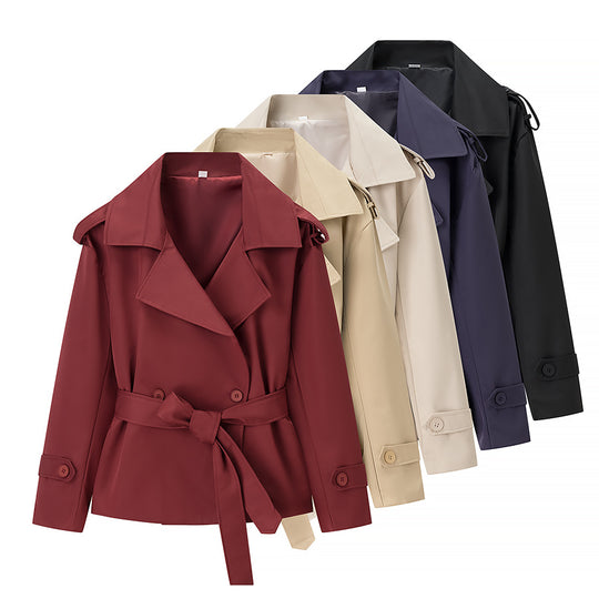 Damen Kurzgeschnittener taillierter Trenchcoat mit Bindegürtel und Schulterklappen Shop Nory