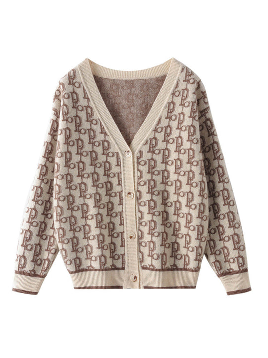 Damen Gemusterter Jacquard-Strickcardigan mit V-Ausschnitt und Perlmuttknöpfen Shop Nory