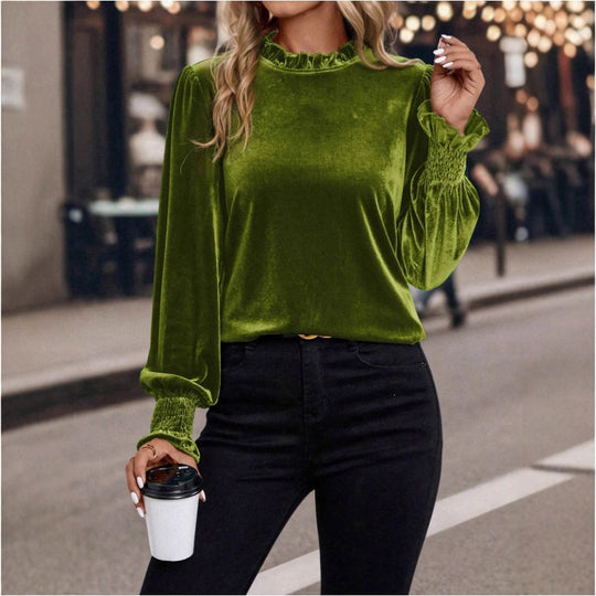 Damen Samtbluse mit Rüschenkragen, Ballonärmeln und Stretch-Smock-Bündchen Shop Nory