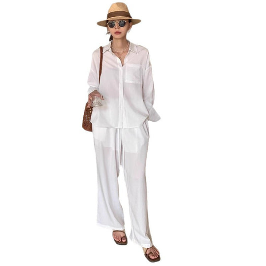Damen Zweiteiliges Leichtes Loungewear-Set mit Oversize-Hemd und weiter Kordelbund-Hose Shop Nory