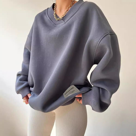 Damen Oversized Sweatshirt mit V-Ausschnitt und geripptem Kragen Shop Nory
