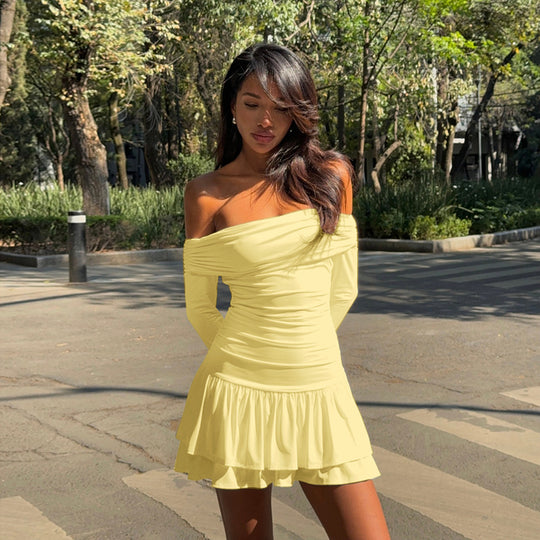 Damen Bardot-Minikleid mit Raffung, langen Ärmeln und Volantrock Shop Nory