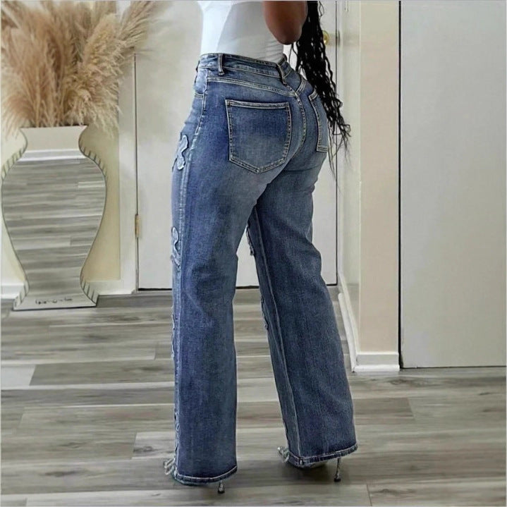 Damen Hochtaillierte Straight‑Leg‑Jeans mit Fransen‑Kreuz‑Applikationen Shop Nory