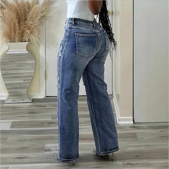 Damen Hochtaillierte Straight‑Leg‑Jeans mit Fransen‑Kreuz‑Applikationen Shop Nory