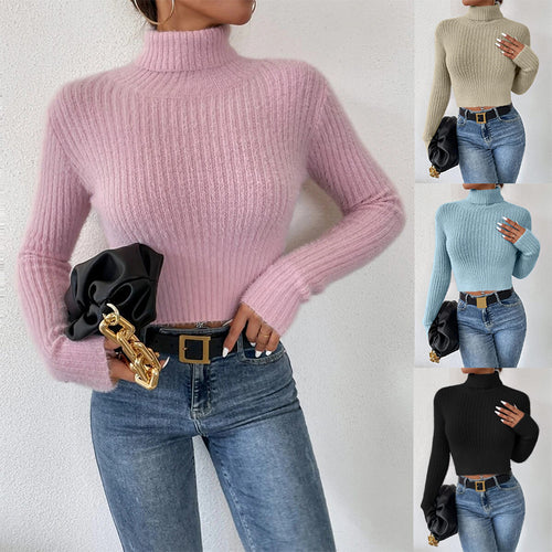 Damen Kurzer Rippstrick-Rollkragenpullover mit flauschiger Mohair‑Optik Shop Nory