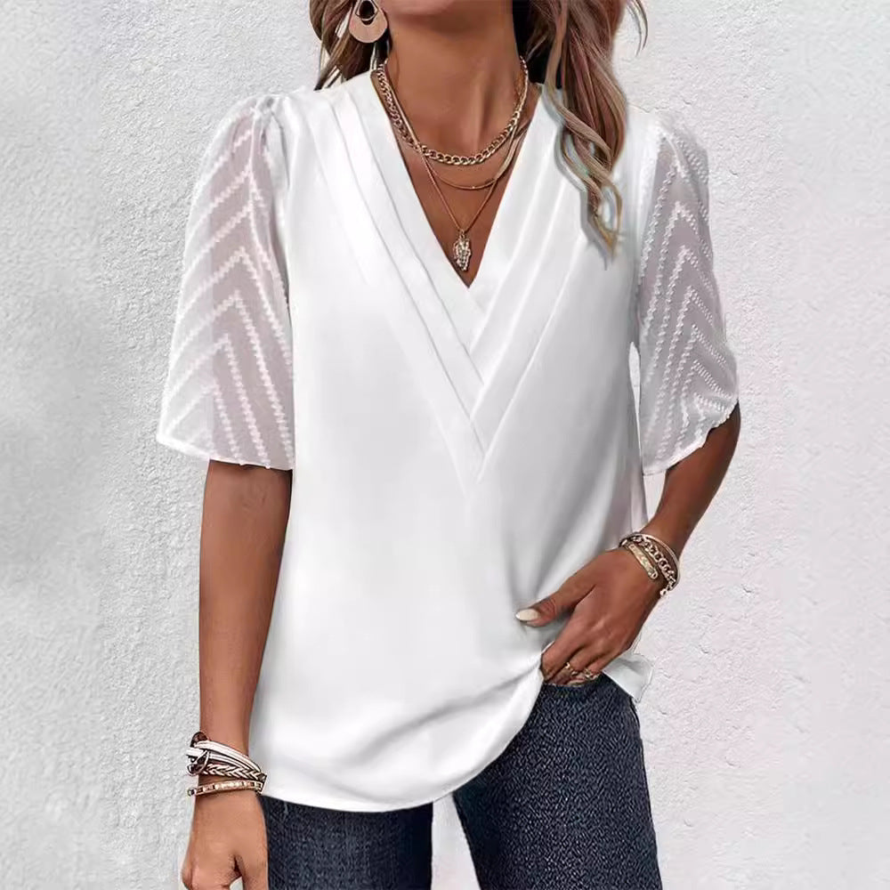 Damen nan elegantes Chiffon-Oberteil mit plissierter V-Passe und transparenten Zickzackärmeln