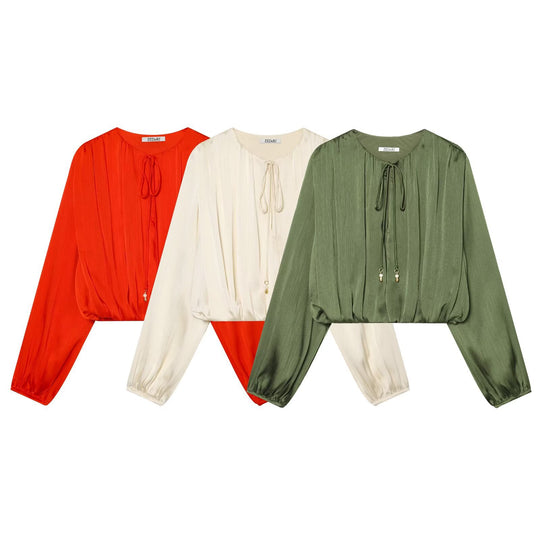 Damen Cropped Plissee-Bluse mit Kordelverschluss und Ballonärmeln Shop Nory