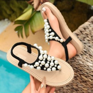 Damen Orientierende Riemchensandalen mit Perlenverzierungen