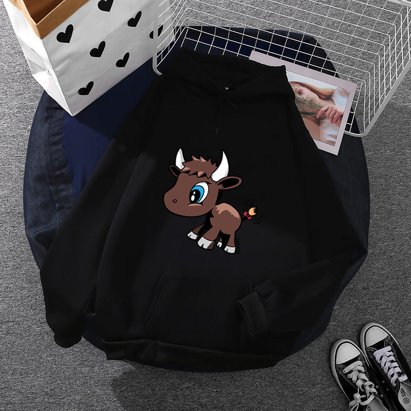 Damen nan Kapuzenpullover mit charmantem Stier-Karikaturprint, Kängurutasche und entspanntem Oversize-Schnitt Shop Nory