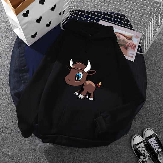 Damen nan Kapuzenpullover mit charmantem Stier-Karikaturprint, Kängurutasche und entspanntem Oversize-Schnitt Shop Nory