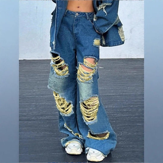 Damen weite Destroyed-Denim-Jeans mit Neonfransen-Applikation Shop Nory