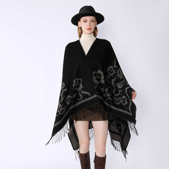 Damen Umhangponcho mit floralen Jacquard-Panels und Fransensaum Shop Nory