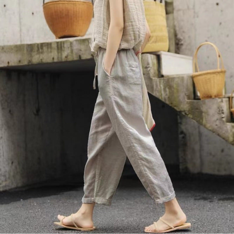 Damen lässige Leinenhose mit elastischem Bund und seitlichen Taschen ShopNory