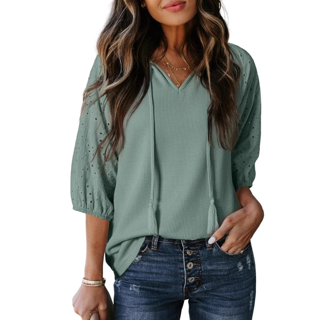 Damen Waffelshirt mit V‑Ausschnitt, Quasten und bestickten Puffärmeln Shop Nory