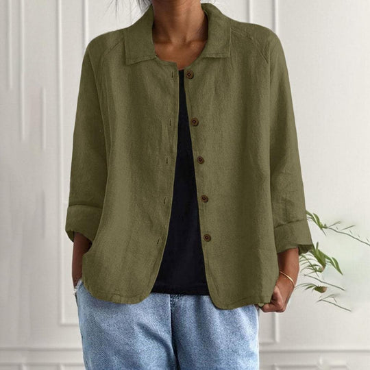 Damen Oversized Leinen-Hemdjacke mit Hemdkragen, 3/4-Ärmeln und durchgehender Knopfleiste Shop Nory