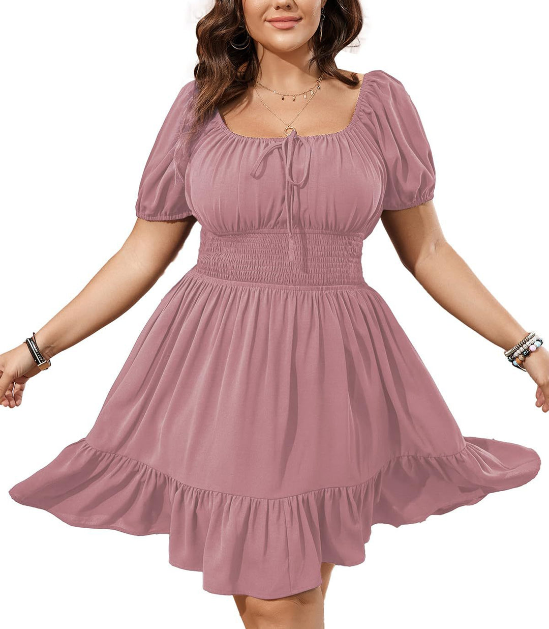 Damen Midikleid mit Smok-Taillenband und Puffärmeln Shop Nory