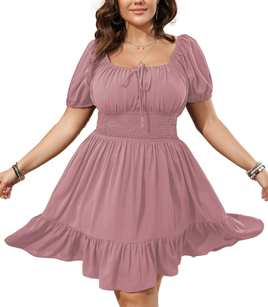 Damen Midikleid mit Smok-Taillenband und Puffärmeln Shop Nory