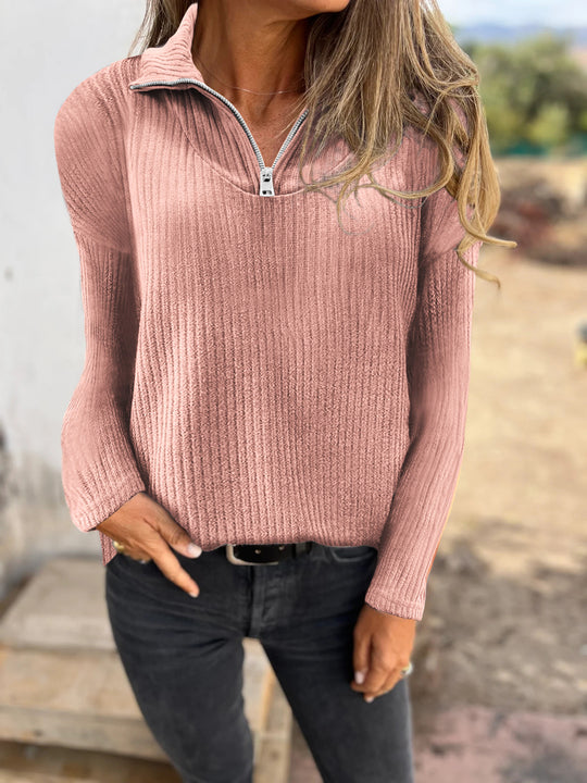 Damen Rippstrickpullover mit halbem Reißverschluss und Stehkragen Shop Nory