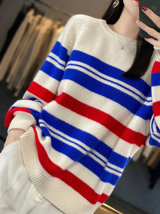 Damen Oversize-Streifenpullover aus weichem Wollmix mit maritimer Blockstreifen und Rundhals Shop Nory