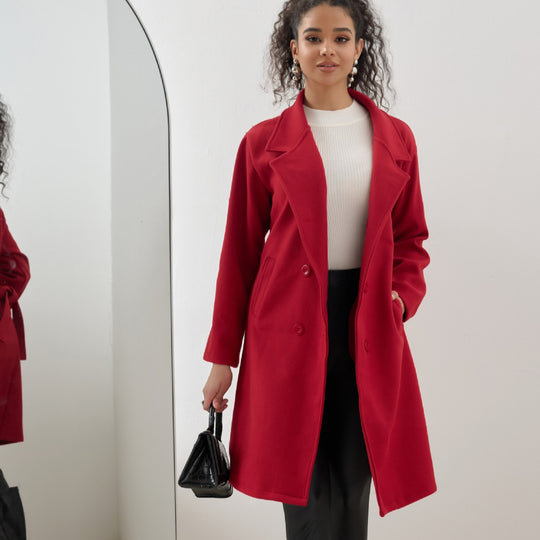 Damen Eleganter knielanger Zweireihiger Wollblend-Mantel mit Reverskragen Shop Nory
