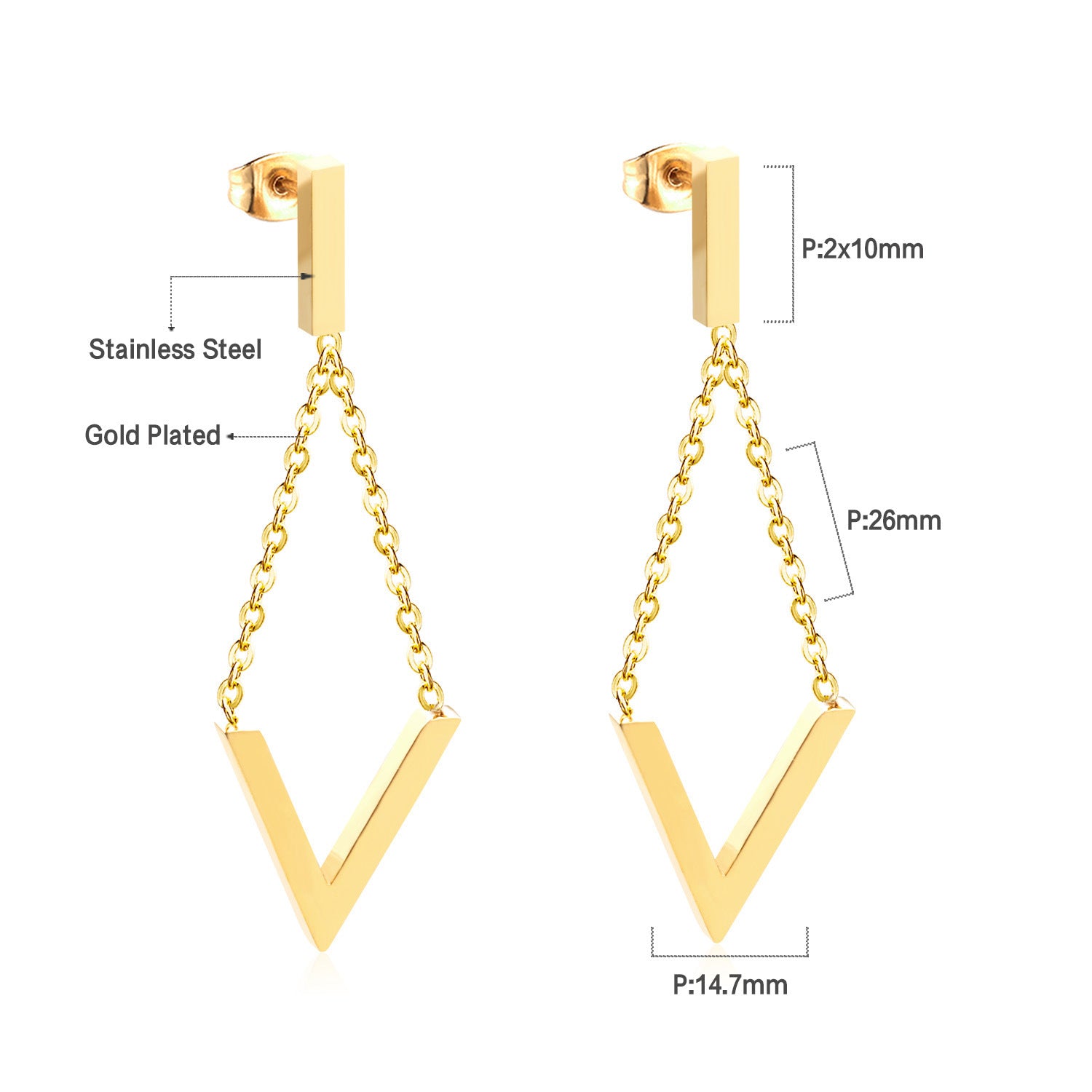 Damen Ohrringe mit elegantem, doppellagigem Rechteckdesign aus Edelstahl und goldplattierter Oberfläche Shop Nory