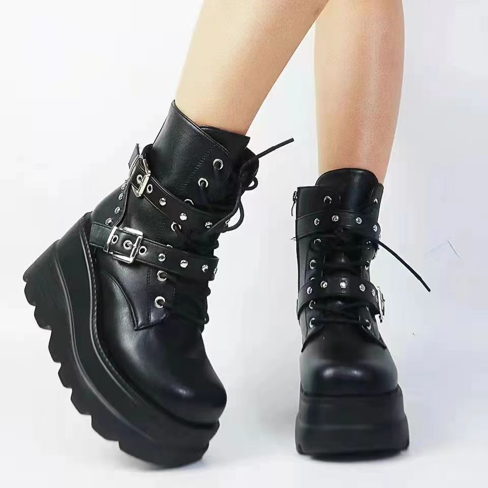 Damen Plateau-Stiefeletten mit modischen Schnallen und robuster Sohle