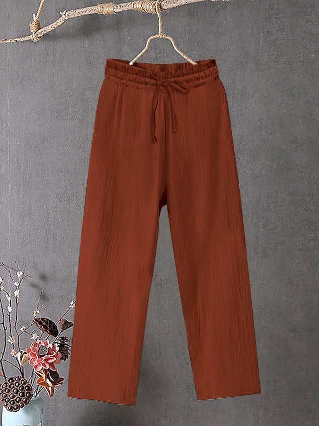 Damen Crinkle Leinenmischung Hose mit elastischem Kordelzug, gerade Beinform und lässiger Passform Shop Nory