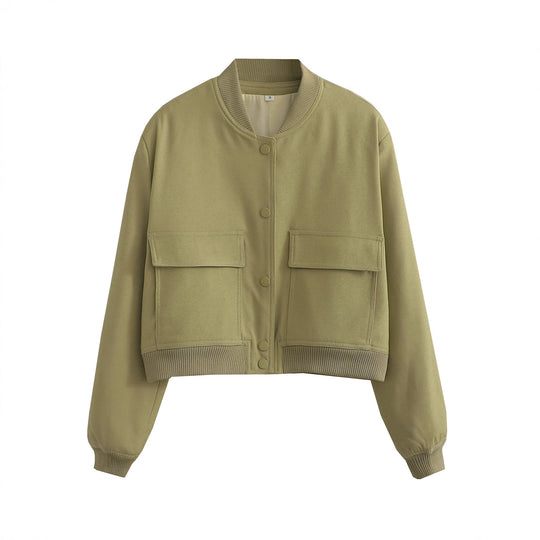 Damen Kurze Bomberjacke mit großen Pattentaschen und Rippbündchen Shop Nory