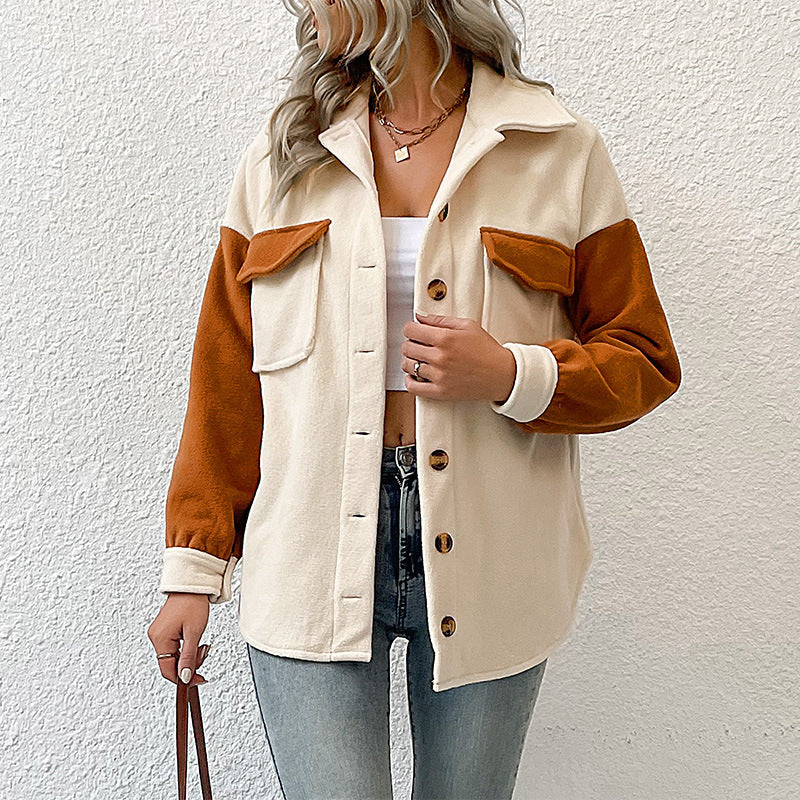 Damen weite Hemdjacke aus Teddyfleece mit Kontrastärmeln und aufgesetzten Taschen Shop Nory