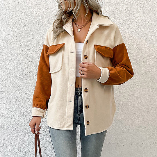 Damen weite Hemdjacke aus Teddyfleece mit Kontrastärmeln und aufgesetzten Taschen Shop Nory